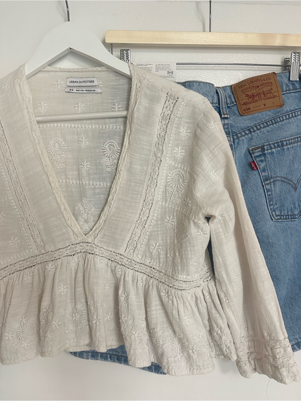 Urban Outfitters Cream Embroidered Peplum V-Neck Tunic